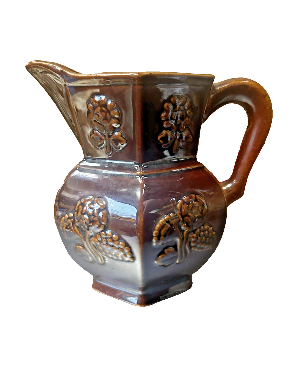 Vintage Norleans Japan Brown Embossed Ceramic Pitcher Creamer Grapes Mid Century